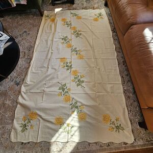 Vintage "Progress"  Cross Stiched Yellow Tailsmanrose 60 X 90 Oblong Tablecloth,